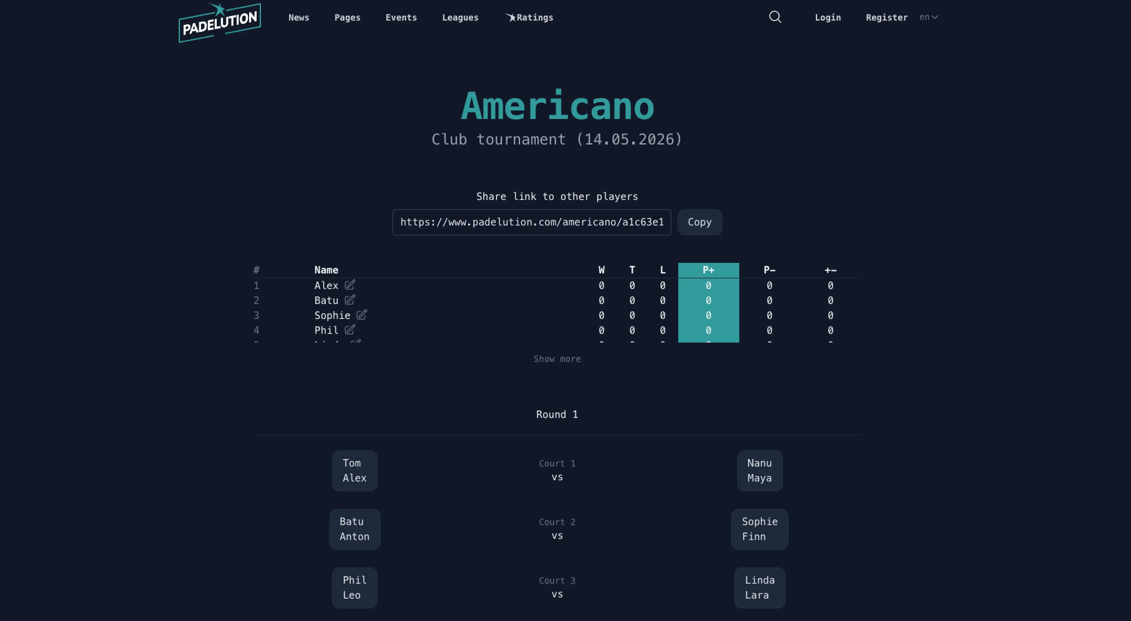 A free, unbranded padel scoring app showing a generic Americano leaderboard on a dark template.