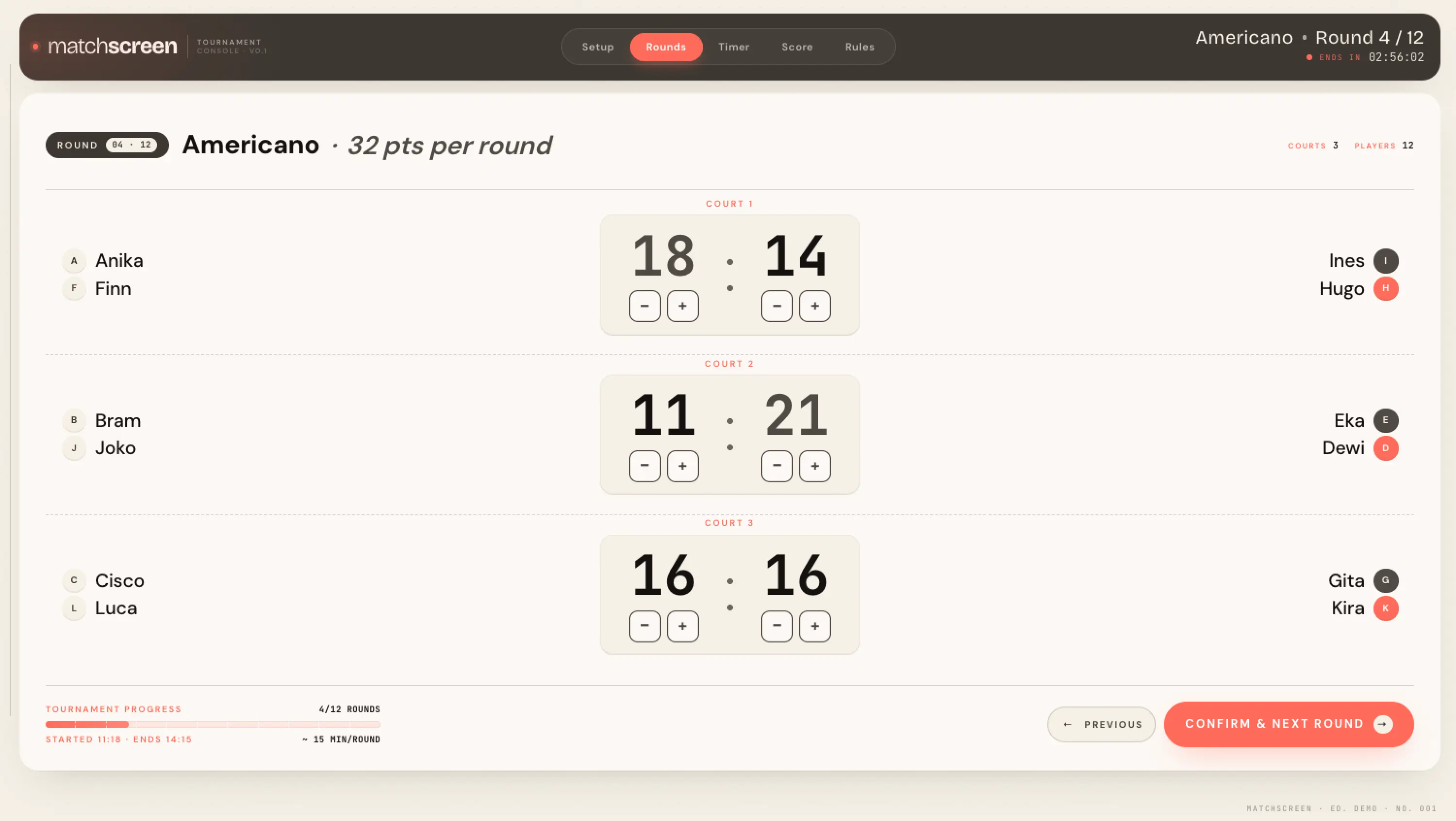 matchscreen.app Rounds view: the same Americano tournament in your club's brand — palette, type, logo, motifs all replaced.